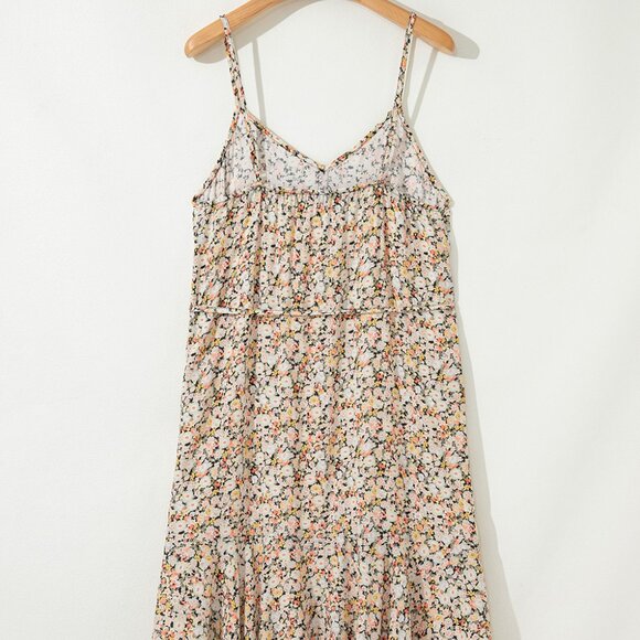 B279 Khaki Boho Floral Print Tie Waist Flared Suspender Mini Dress - Picture 7 of 14